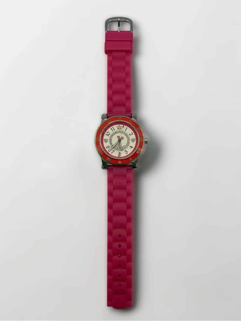 Juicy Couture Pink Silicone Strap Crystal Heart Crown Analog Watch